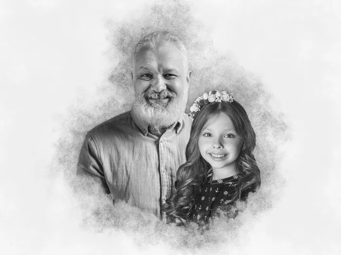 Graphite portrait of a grandfather beside a young girl.