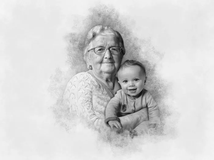 Graphite portrait of a grandmother holding a baby.