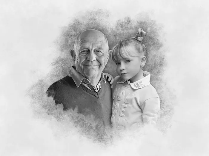 Graphite portrait of an older man beside a small girl.
